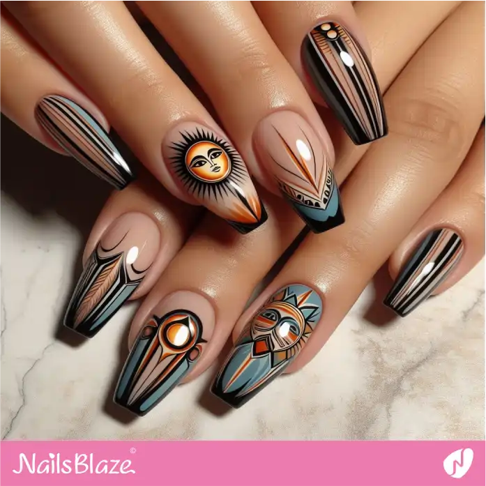 Sun Faces and Striped Nail Design | Tribal - NB1845